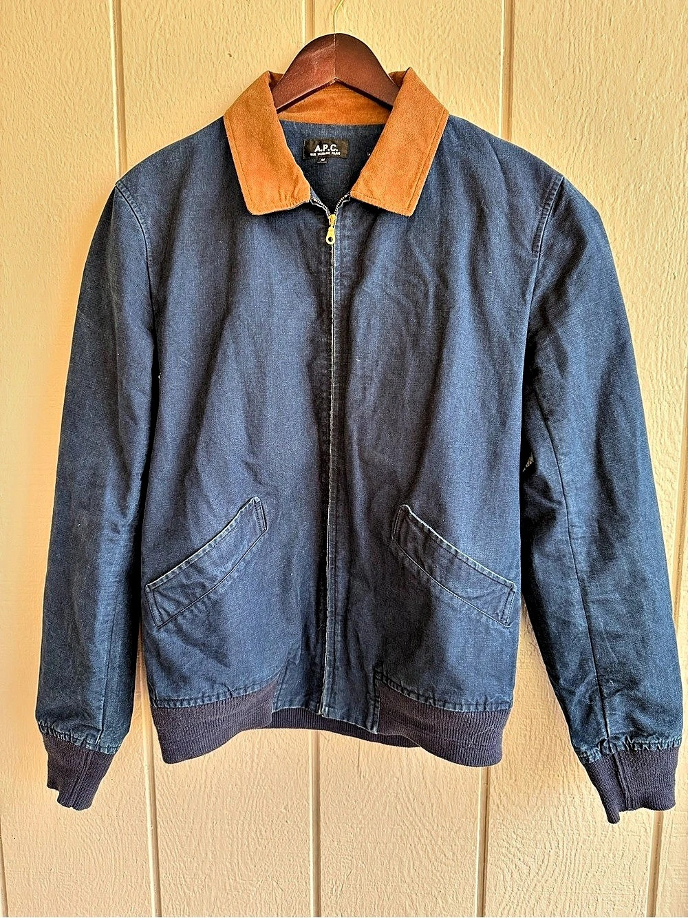 A.P.C. Men’s M Blue Cotton Jacket Brown Contrast Collar YKK